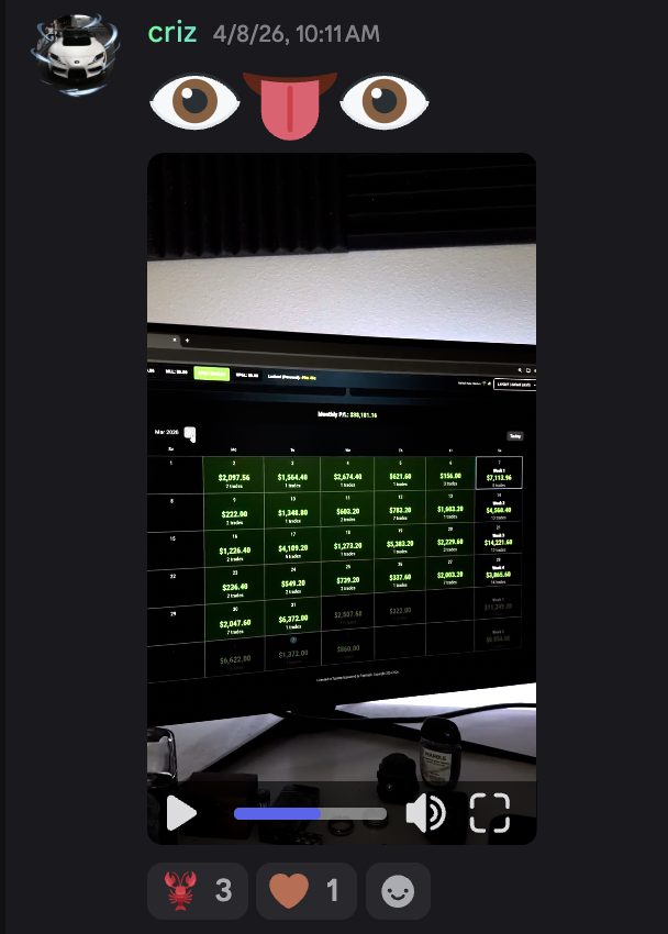 Discord post from criz showing a P&L calendar full of green days for March 2026