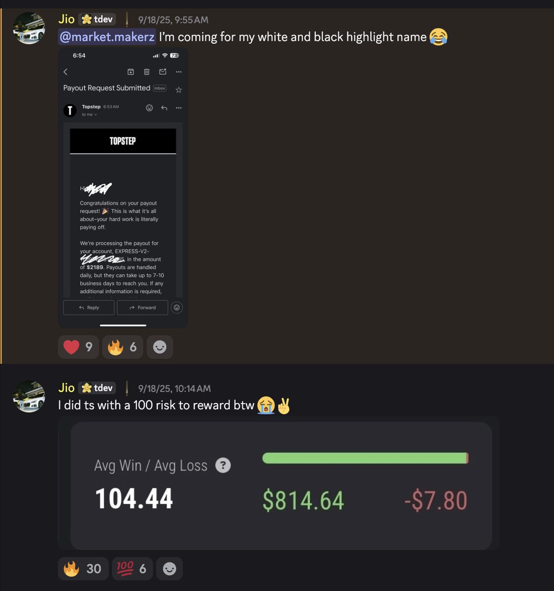 Discord post from Jio with a $2,189 Topstep payout and a 104.44 average win to loss ratio