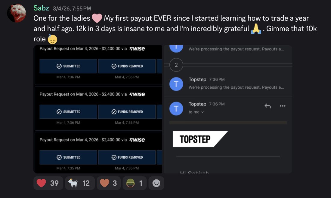 Discord post from Sabz with three $2,400 Topstep payout requests