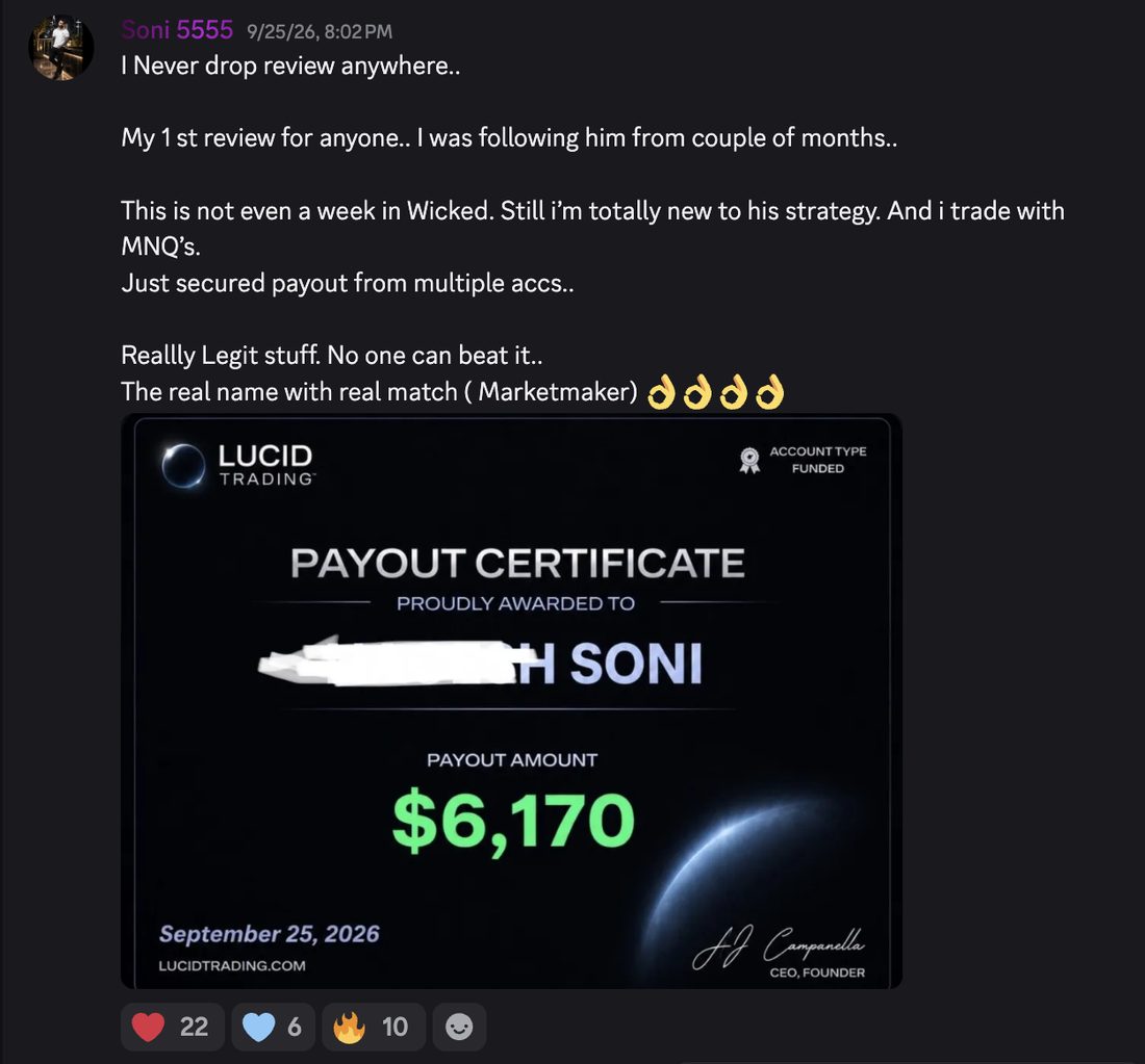 Discord post from Soni with a $6,170 Lucid Trading payout certificate