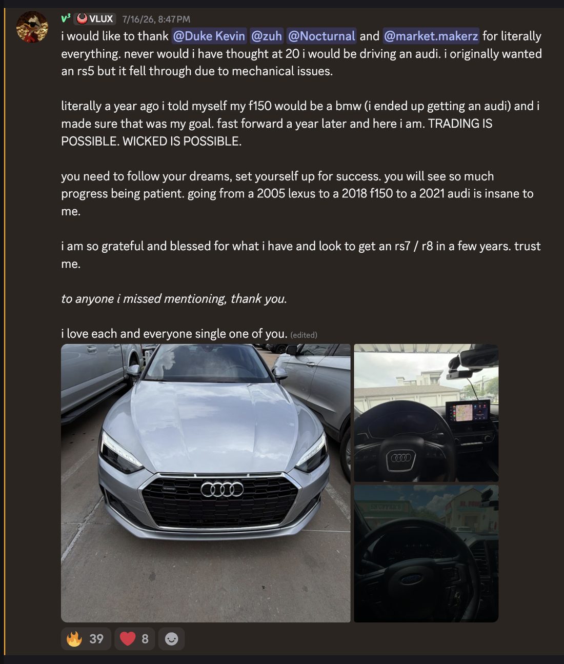 Discord post from VLUX showing a new Audi